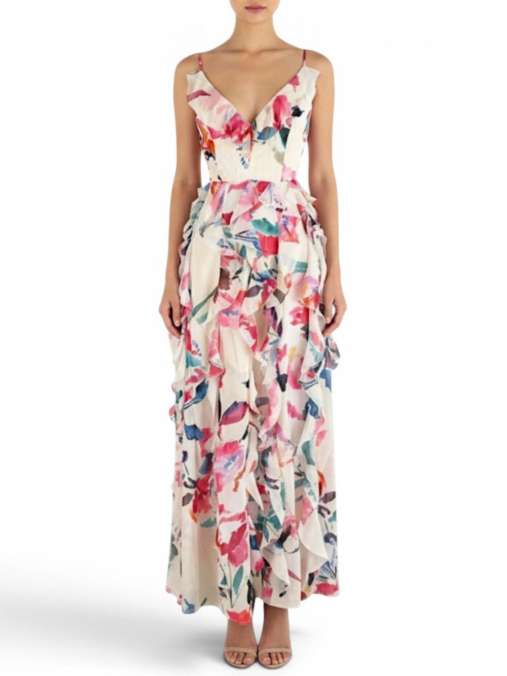 Fame and Partners Madeline Sorrento Floral Champagne Maxi Ruffle Dress NWT New 4